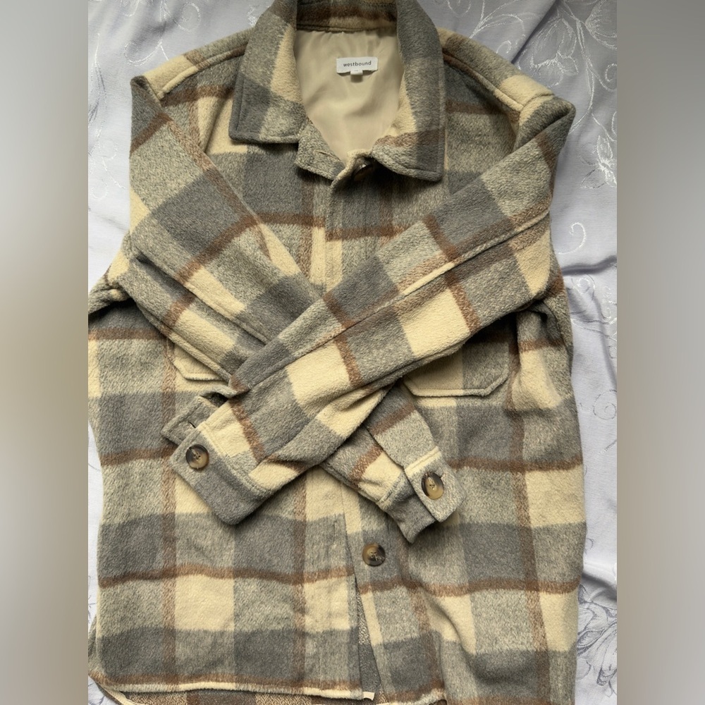 ❤️ Westbound Womens Size Medium Plaid Jacket “Shacket” in Cream and Brown - Picture 2 of 3